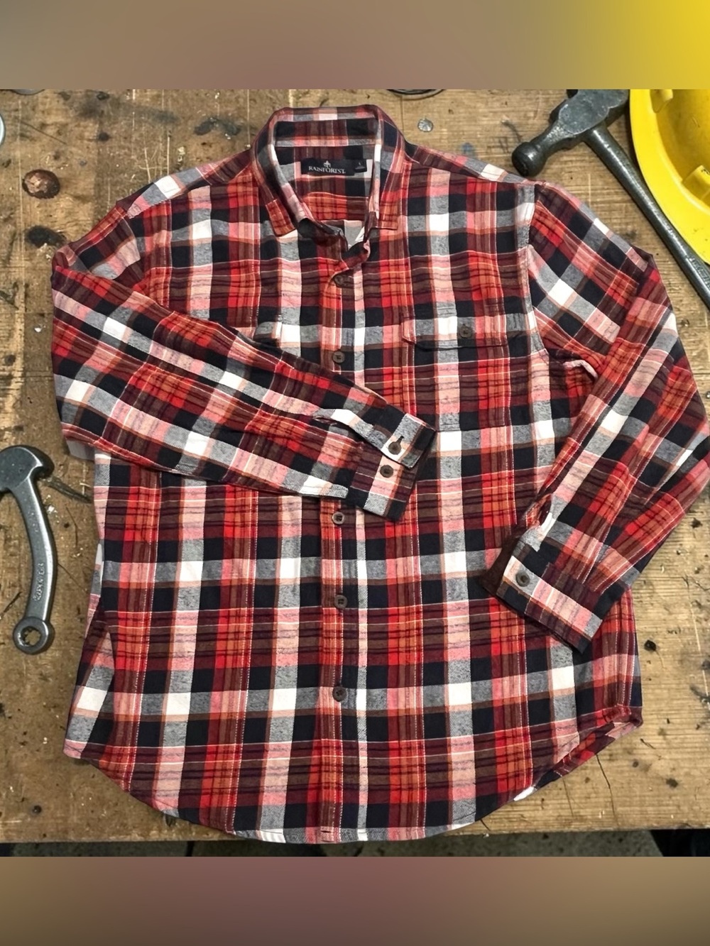 Rainforest Flannel Shirt Men's Large Red Plaid Button Front 100% Cotton